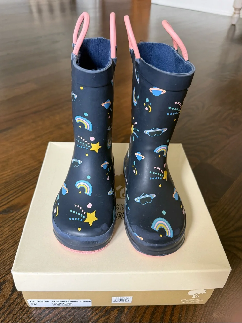 Tucker + Tate Navy Kids Space & Rainbow Rain Boots with Pink Pull Tabs- size 9